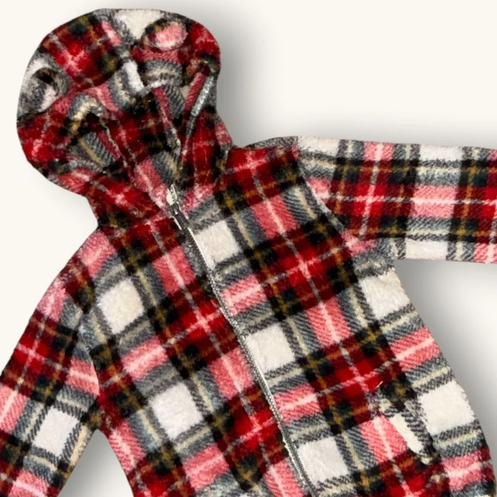Old Navy Toddler Fleece Red Green Plaid Bear Ear Hooded‎ Jacket Zip Up Size 5T